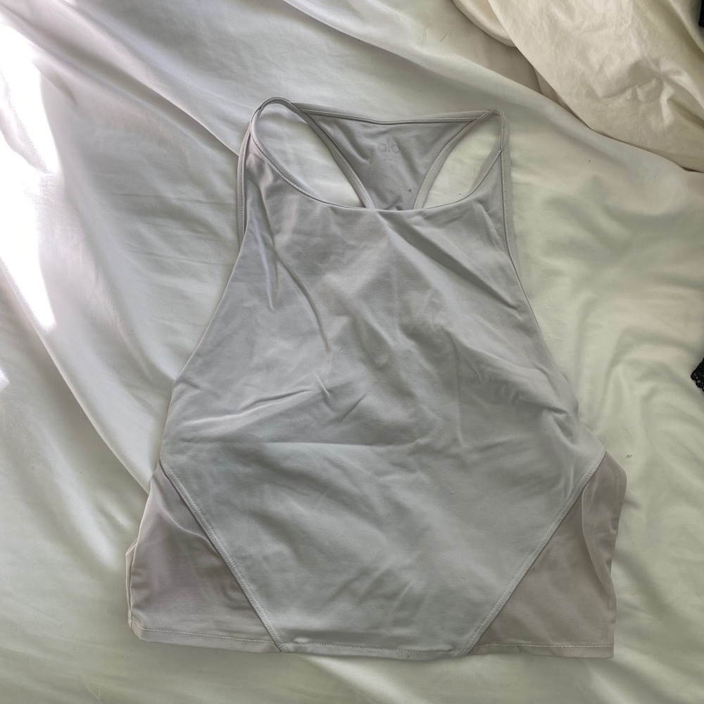 Alo Yoga white halter crop tank bra with mesh